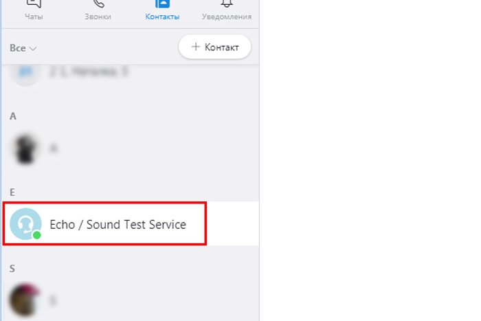 Найдите контакт «Служба тестирования эха / звука», щелкните по нему мышью